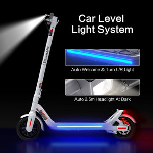 A8 Electric Scooter Adults & Scooter Lock, 28 Miles Long-Range Battery, Gyroscope Speed Control and Intelligent Light Sense, 9" Anti-Puncture Air Filled Tires, Max 630W Motor & Foldable